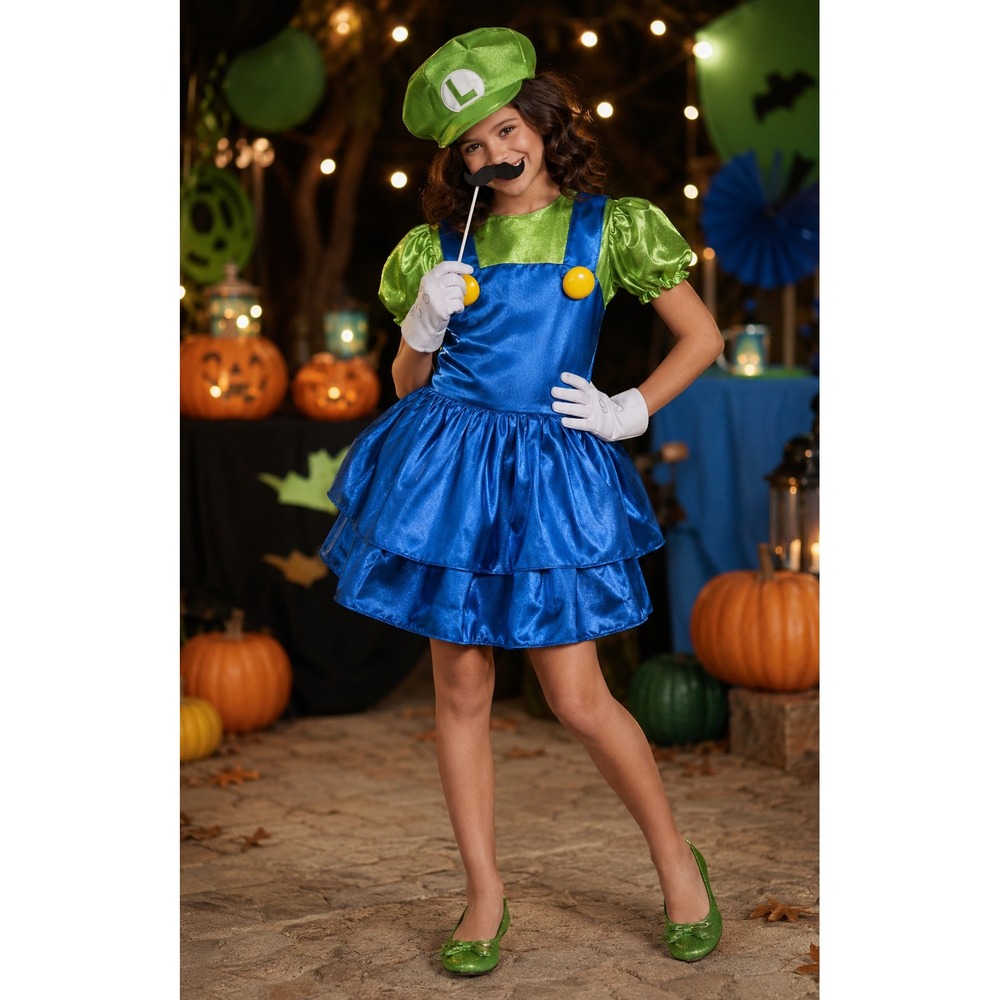 Nintendo Super Mario Luigi Dress Costume  Girls Large 10-12 Green Blue Disguise